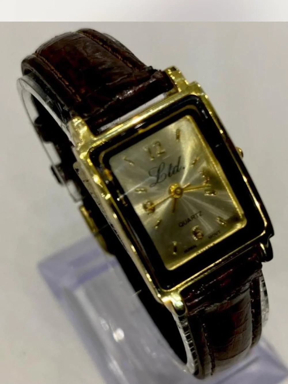 *** Ltd ^^^ Gold-Tone Rectangular Quartz Watch ***  Tan Leather Strap *^*